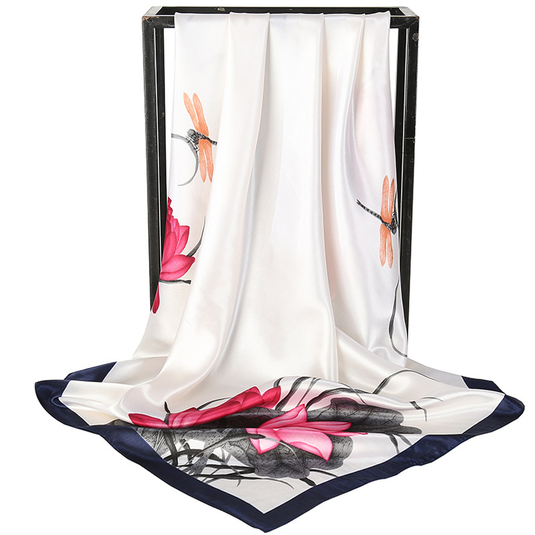 Translation missing: en.White Dragonfly and Lotus Flower Painting Elegant 90x90cm Satin Silk Scarf for Women - Double-Sided Printed Square Headscarf Shawl Wrap - Lightweight Versatile Fashion Accessory for Mother's Day Gift