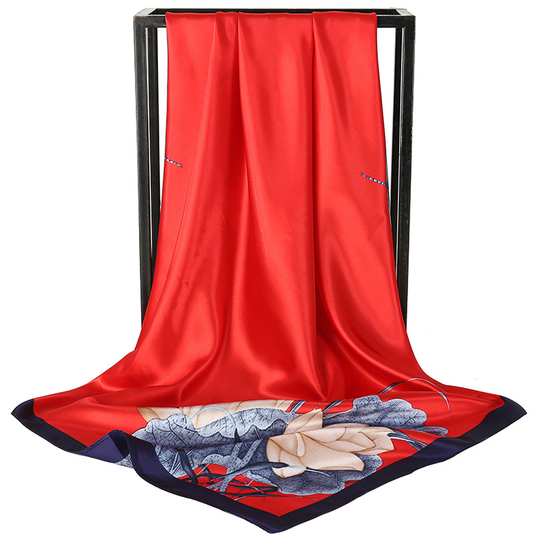 Translation missing: en.Red Dragonfly and Lotus Flower Painting Elegant 90x90cm Satin Silk Scarf for Women - Double-Sided Printed Square Headscarf Shawl Wrap - Lightweight Versatile Fashion Accessory for Mother's Day Gift