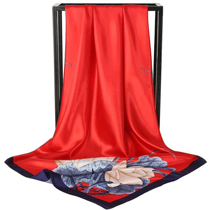 Translation missing: en.Red Dragonfly and Lotus Flower Painting Elegant 90x90cm Satin Silk Scarf for Women - Double-Sided Printed Square Headscarf Shawl Wrap - Lightweight Versatile Fashion Accessory for Mother's Day Gift