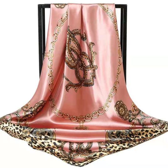 Translation missing: en.Pink Leopard Print Chain Pattern Elegant 90x90cm Satin Silk Scarf for Women - Double-Sided Printed Square Headscarf Shawl Wrap - Lightweight Versatile Fashion Accessory for Mother's Day Gift