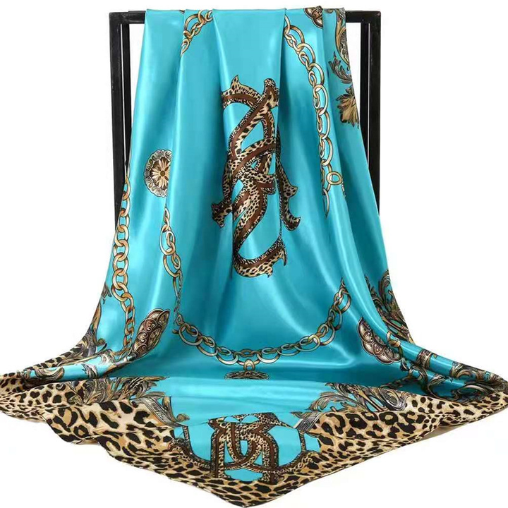 Translation missing: en.Blue Leopard Print Chain Pattern Elegant 90x90cm Satin Silk Scarf for Women - Double-Sided Printed Square Headscarf Shawl Wrap - Lightweight Versatile Fashion Accessory for Mother's Day Gift