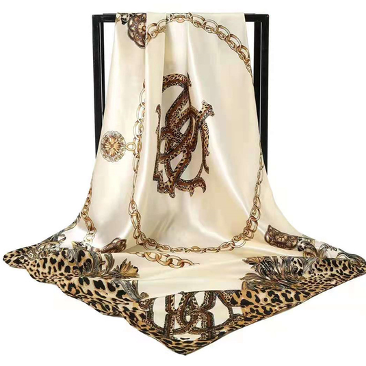 Translation missing: en.Beige Leopard Print Chain Pattern Elegant 90x90cm Satin Silk Scarf for Women - Double-Sided Printed Square Headscarf Shawl Wrap - Lightweight Versatile Fashion Accessory for Mother's Day Gift