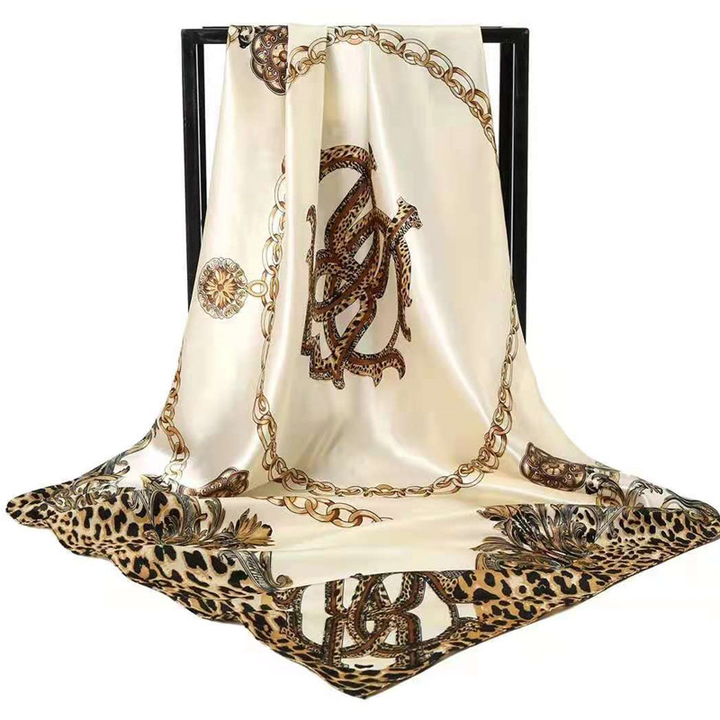 Translation missing: en.Beige Leopard Print Chain Pattern Elegant 90x90cm Satin Silk Scarf for Women - Double-Sided Printed Square Headscarf Shawl Wrap - Lightweight Versatile Fashion Accessory for Mother's Day Gift