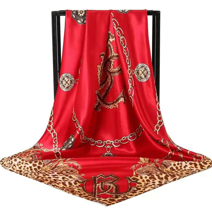 Translation missing: en.Red Leopard Print Chain Pattern Elegant 90x90cm Satin Silk Scarf for Women - Double-Sided Printed Square Headscarf Shawl Wrap - Lightweight Versatile Fashion Accessory for Mother's Day Gift