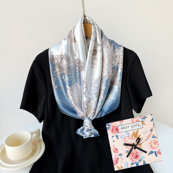 Translation missing: en.Blue Gift Box Set Elegant 90x90cm Women's Square Scarf - Vintage Floral Print Satin Headscarf - Lightweight Polyester Silk Feel Shawl Wrap for Hair Neck Bag Accessory
