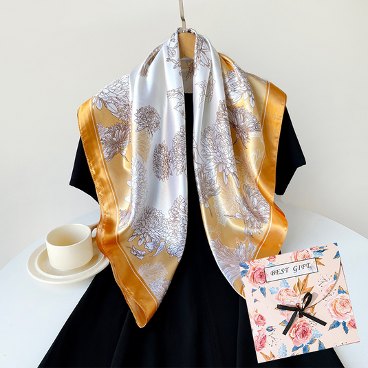 Translation missing: en.Yellow Gift Box Set Elegant 90x90cm Women's Square Scarf - Vintage Floral Print Satin Headscarf - Lightweight Polyester Silk Feel Shawl Wrap for Hair Neck Bag Accessory