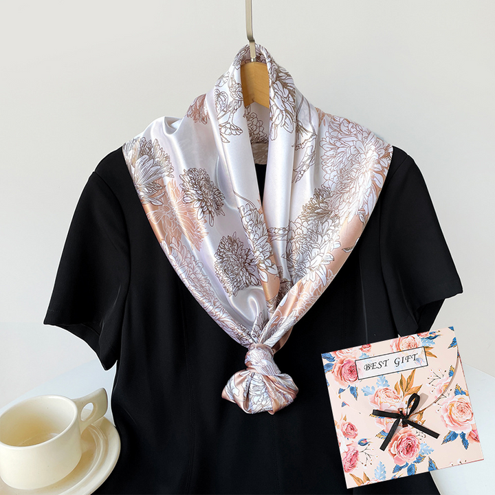 Translation missing: en.Light coffee Gift Box Set Elegant 90x90cm Women's Square Scarf - Vintage Floral Print Satin Headscarf - Lightweight Polyester Silk Feel Shawl Wrap for Hair Neck Bag Accessory