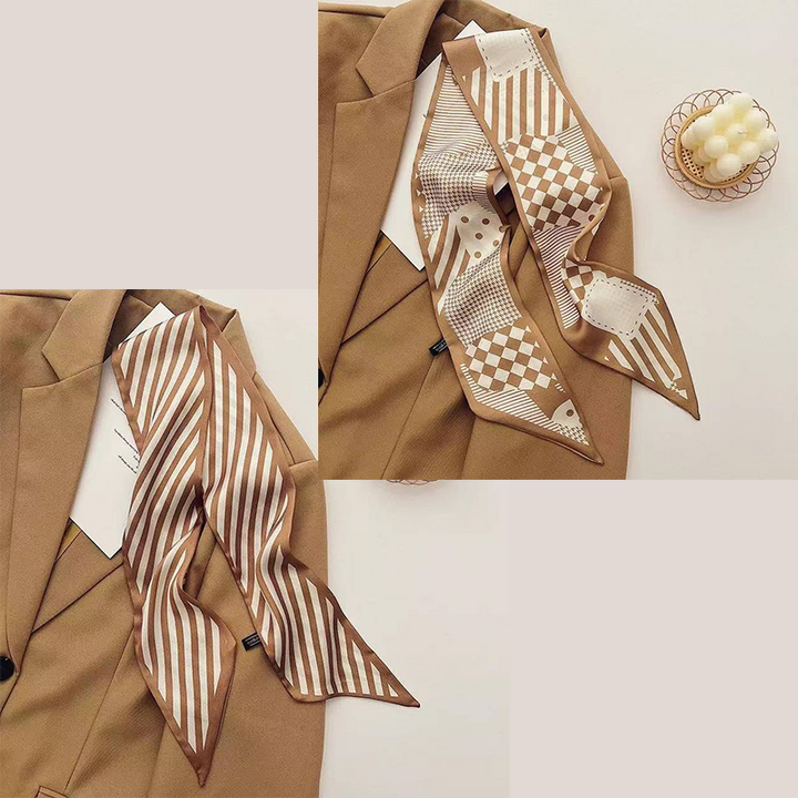 Translation missing: en.2-piece Coffee Geometric and Stripes French Style Long Silk Scarf - Coffee  Print - Versatile Skinny Neck Ribbon, Hair Tie, Bag Handle Accessory, Elegant Office Wear, Lightweight Polyester
