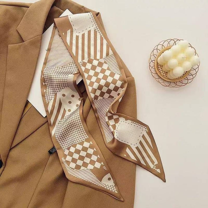 Translation missing: en.2-piece Coffee Geometric and Stripes French Style Long Silk Scarf - Coffee  Print - Versatile Skinny Neck Ribbon, Hair Tie, Bag Handle Accessory, Elegant Office Wear, Lightweight Polyester