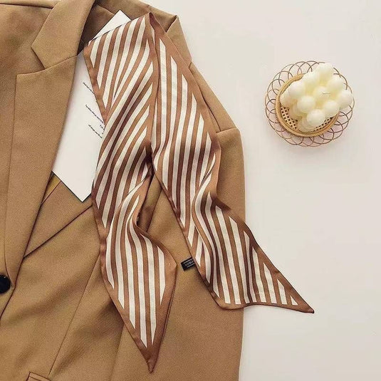 Translation missing: en.2-piece Coffee Geometric and Stripes French Style Long Silk Scarf - Coffee  Print - Versatile Skinny Neck Ribbon, Hair Tie, Bag Handle Accessory, Elegant Office Wear, Lightweight Polyester