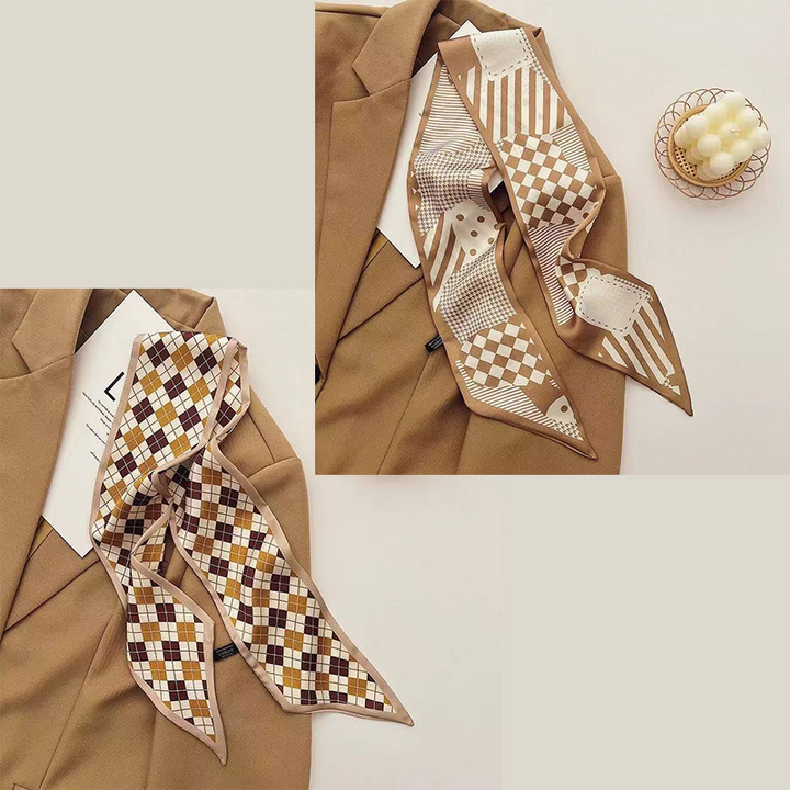 Translation missing: en.2-piece Coffee Geometric and Diamond Grid French Style Long Silk Scarf - Coffee  Print - Versatile Skinny Neck Ribbon, Hair Tie, Bag Handle Accessory, Elegant Office Wear, Lightweight Polyester