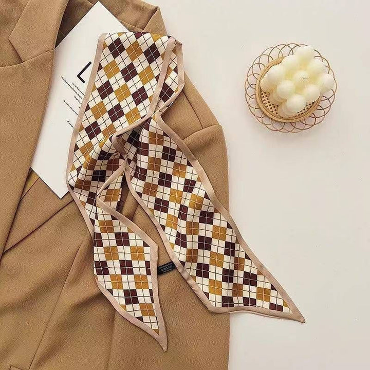 Translation missing: en.2-piece Coffee Geometric and Diamond Grid French Style Long Silk Scarf - Coffee  Print - Versatile Skinny Neck Ribbon, Hair Tie, Bag Handle Accessory, Elegant Office Wear, Lightweight Polyester
