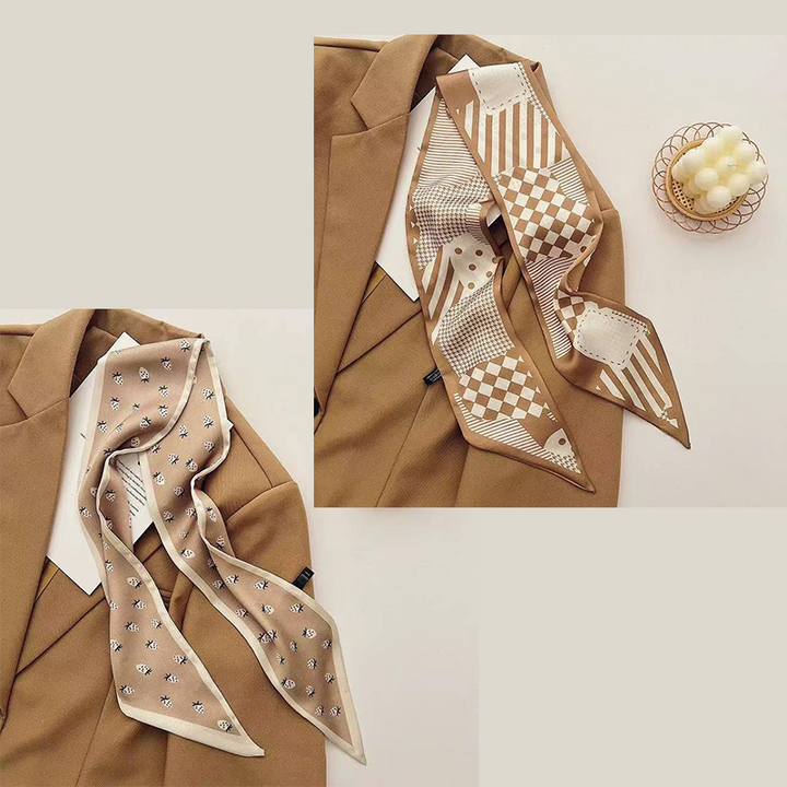 Translation missing: en.2-piece Coffee Geometry and Strawberry French Style Long Silk Scarf - Coffee  Print - Versatile Skinny Neck Ribbon, Hair Tie, Bag Handle Accessory, Elegant Office Wear, Lightweight Polyester