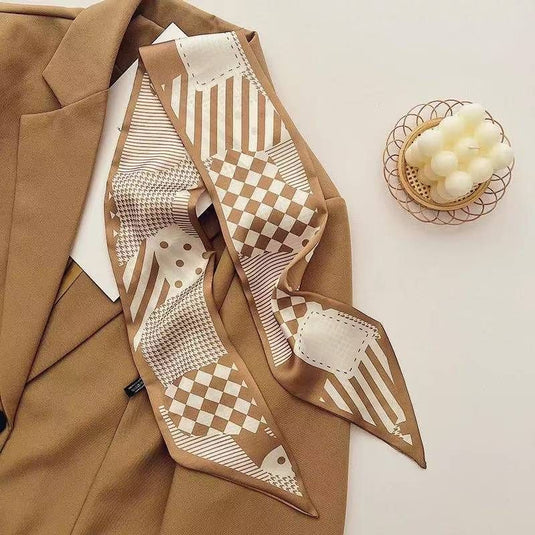 Translation missing: en.2-piece Coffee Geometry and Strawberry French Style Long Silk Scarf - Coffee  Print - Versatile Skinny Neck Ribbon, Hair Tie, Bag Handle Accessory, Elegant Office Wear, Lightweight Polyester