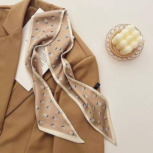 Translation missing: en.2-piece Coffee Geometry and Strawberry French Style Long Silk Scarf - Coffee  Print - Versatile Skinny Neck Ribbon, Hair Tie, Bag Handle Accessory, Elegant Office Wear, Lightweight Polyester