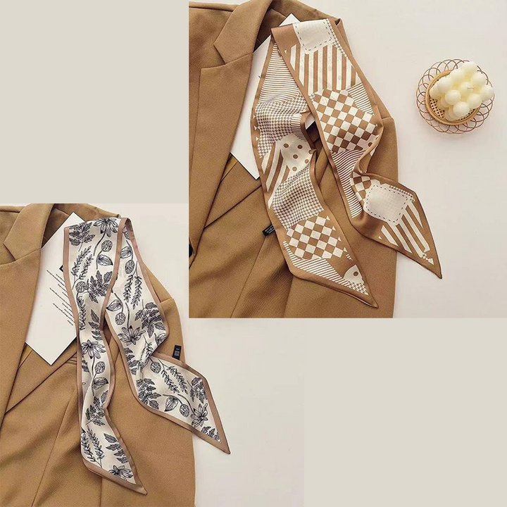 Translation missing: en.2-piece Coffee Geometry and Pencil Drawing French Style Long Silk Scarf - Coffee  Print - Versatile Skinny Neck Ribbon, Hair Tie, Bag Handle Accessory, Elegant Office Wear, Lightweight Polyester