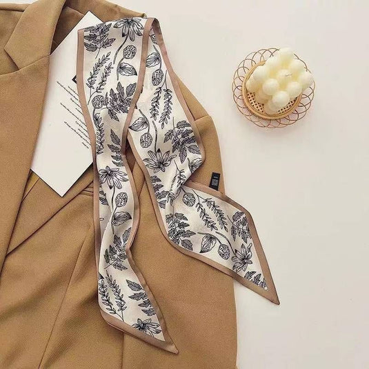 Translation missing: en.2-piece Coffee Geometry and Pencil Drawing French Style Long Silk Scarf - Coffee  Print - Versatile Skinny Neck Ribbon, Hair Tie, Bag Handle Accessory, Elegant Office Wear, Lightweight Polyester