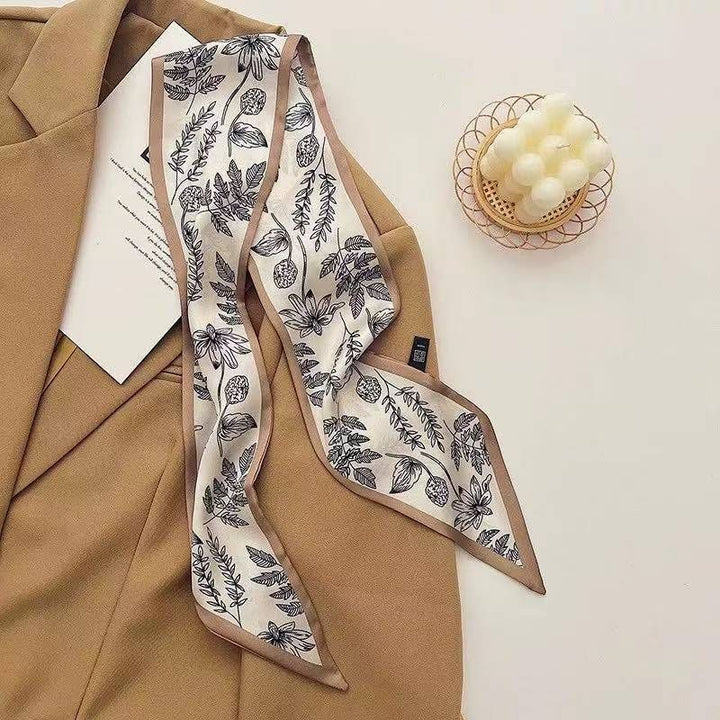 Translation missing: en.2-piece Coffee Geometry and Pencil Drawing French Style Long Silk Scarf - Coffee  Print - Versatile Skinny Neck Ribbon, Hair Tie, Bag Handle Accessory, Elegant Office Wear, Lightweight Polyester