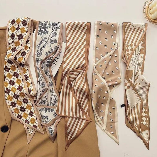 Translation missing: en.2-piece Coffee Geometry and Pencil Drawing French Style Long Silk Scarf - Coffee  Print - Versatile Skinny Neck Ribbon, Hair Tie, Bag Handle Accessory, Elegant Office Wear, Lightweight Polyester