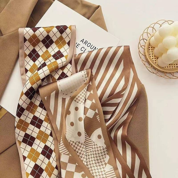 Translation missing: en.2-piece Coffee Geometry and Pencil Drawing French Style Long Silk Scarf - Coffee  Print - Versatile Skinny Neck Ribbon, Hair Tie, Bag Handle Accessory, Elegant Office Wear, Lightweight Polyester